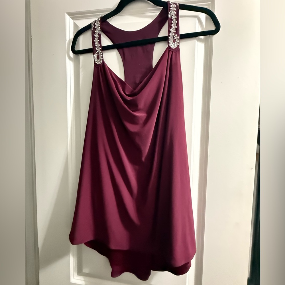 White House Black Market Burgundy Asymmetrical Embellished Tank Top